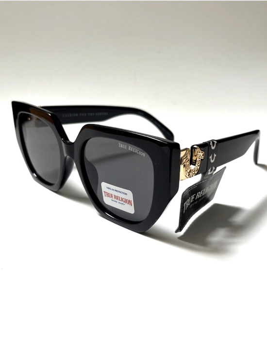 New TRUE RELIGION Cat Eye Sunglasses Oversized Acetate Black Gold Logo Horseshoe main image 4